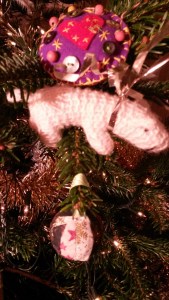 Home made decorations and tinsel co-existing peacefully!